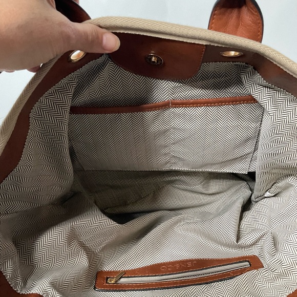 Jen & Co Woven Patterned Cotton Peach Cream Grey Striped Tote Bag Lined Interior - Picture 10 of 15